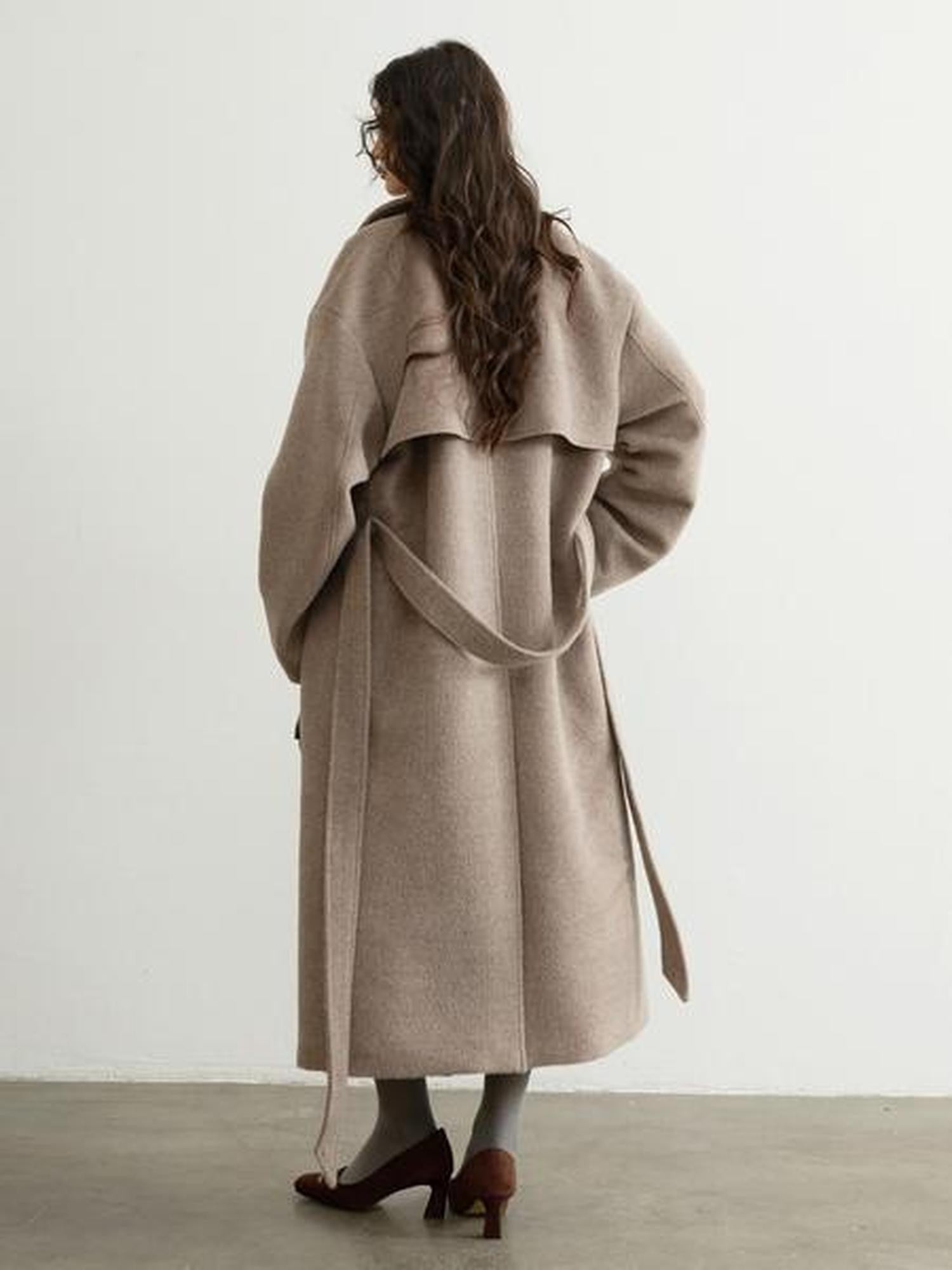 Jnylon studios Soft Vintage Oatmeal Lace Up Lapel Women's Wool Blend Long Coats