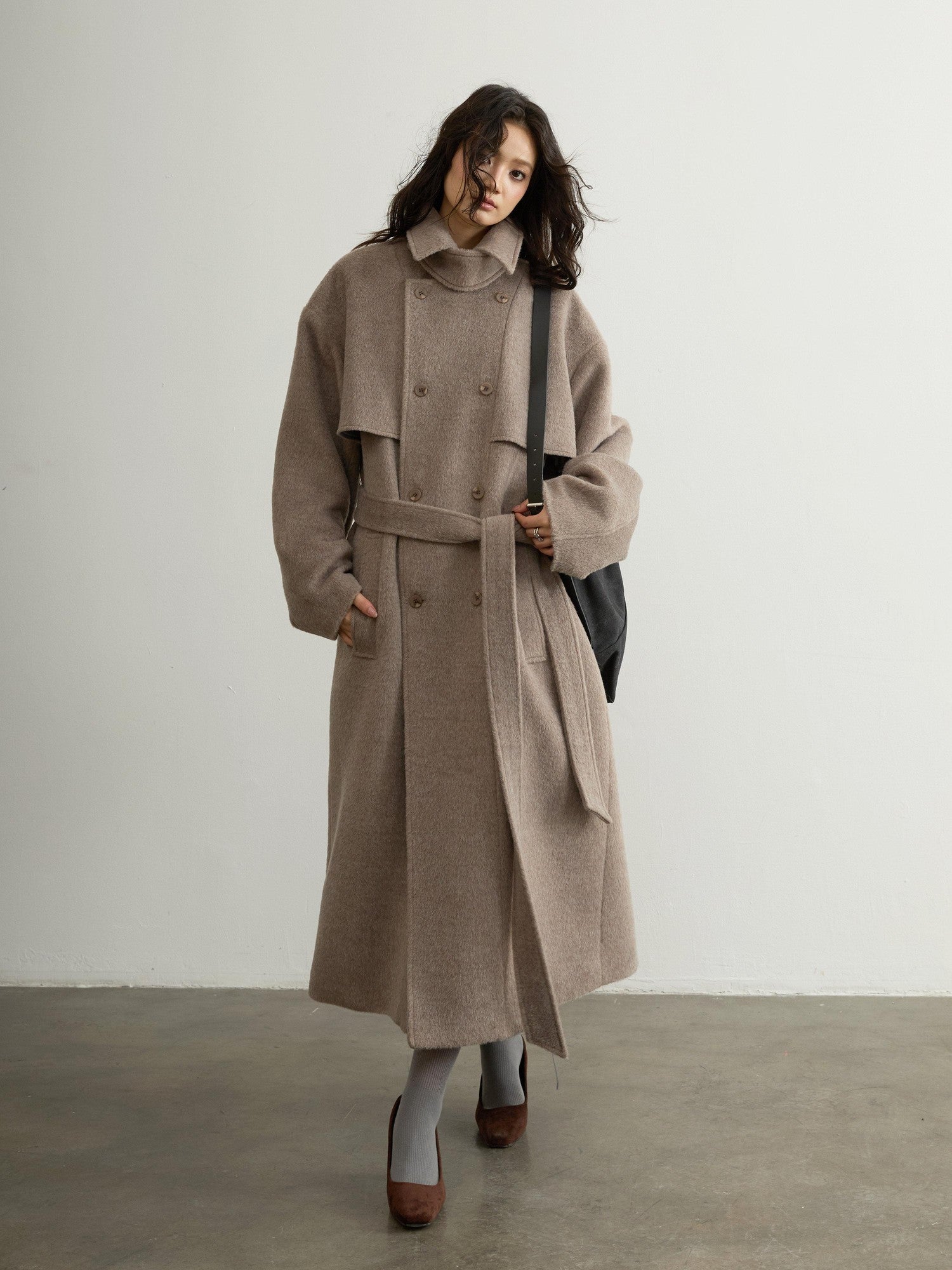 Jnylon studios Soft Vintage Oatmeal Lace Up Lapel Women's Wool Blend Long Coats