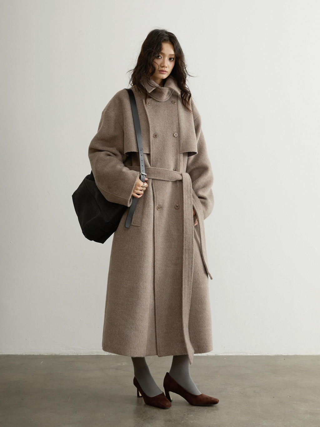 Jnylon studios Soft Vintage Oatmeal Lace Up Lapel Women's Wool Blend Long Coats