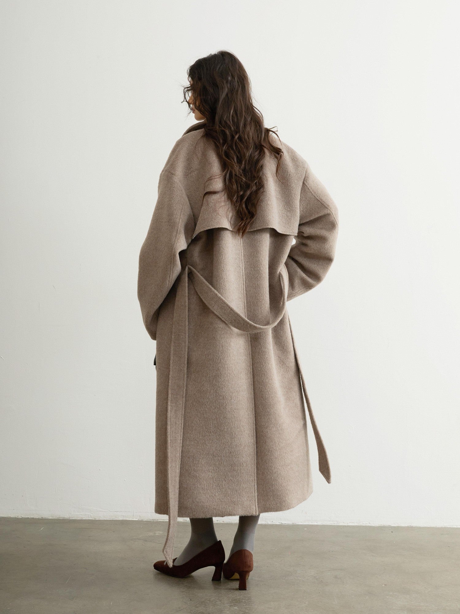 Jnylon studios Soft Vintage Oatmeal Lace Up Lapel Women's Wool Blend Long Coats