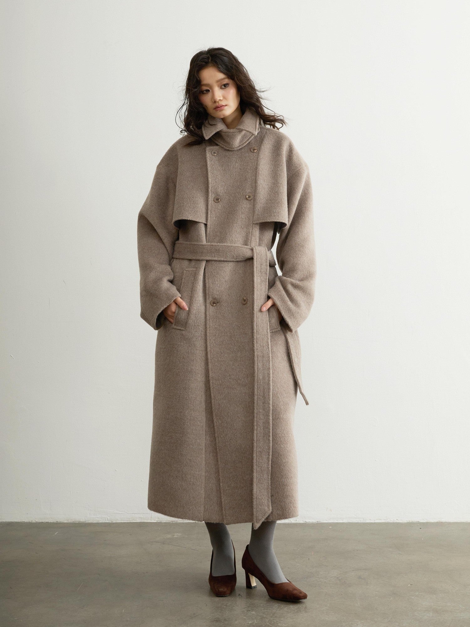 Jnylon studios Soft Vintage Oatmeal Lace Up Lapel Women's Wool Blend Long Coats