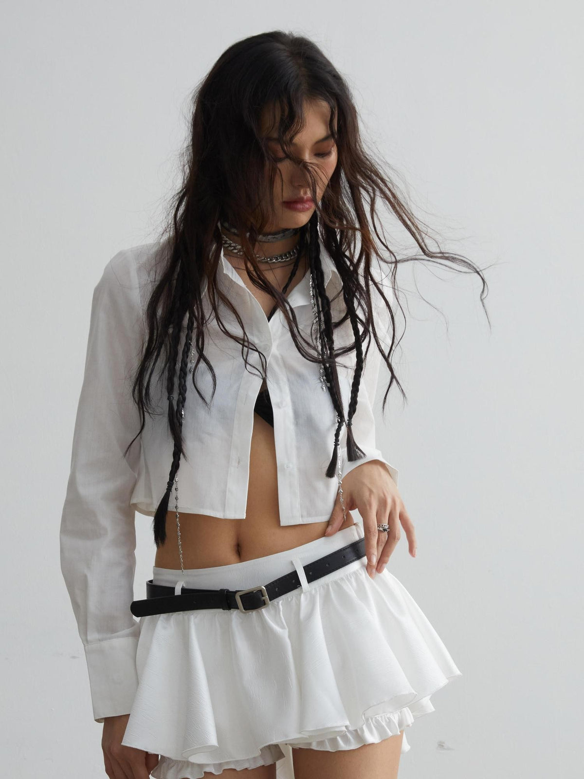 Jnylon studios Solid White Cropped Slim Fit Long Sleeve Lapel Cotton Women's Blouses
