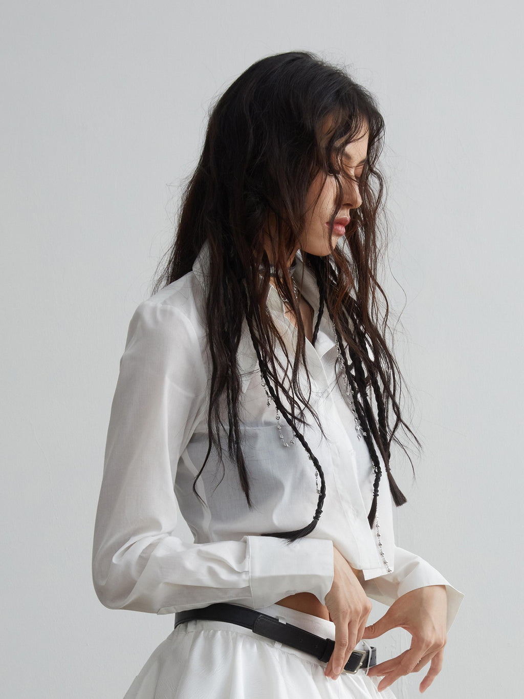 Jnylon studios Solid White Cropped Slim Fit Long Sleeve Lapel Cotton Women's Blouses