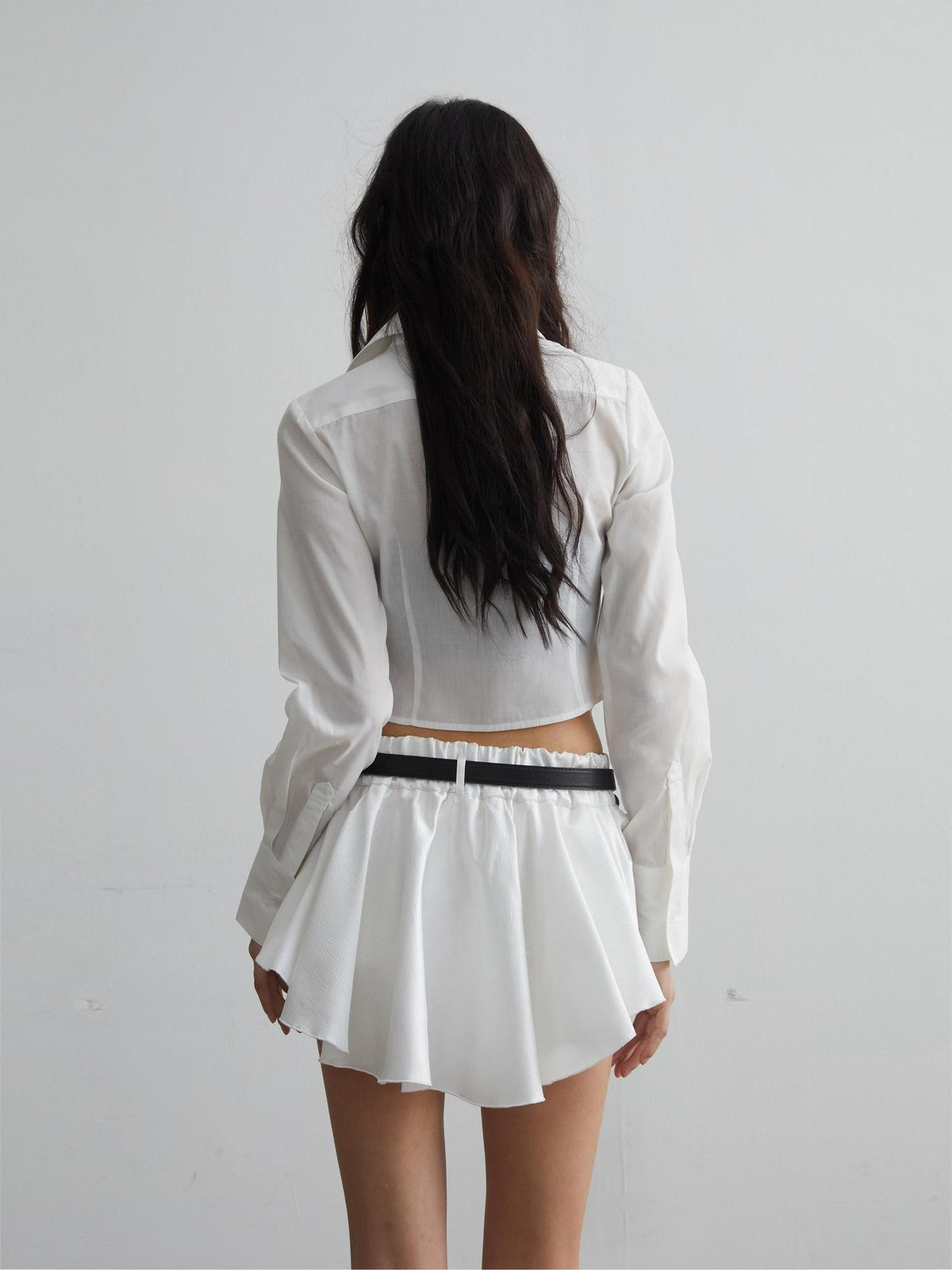 Jnylon studios Solid White Cropped Slim Fit Long Sleeve Lapel Cotton Women's Blouses