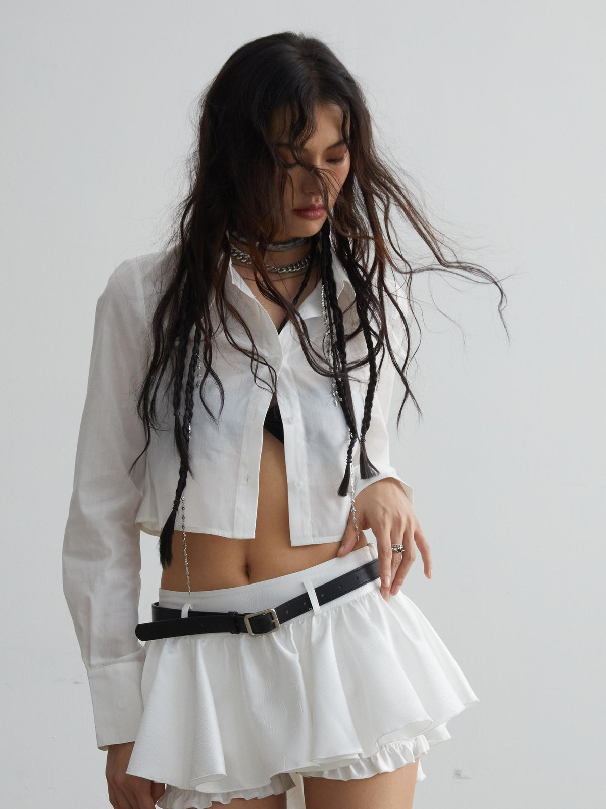 Jnylon studios Solid White Cropped Slim Fit Long Sleeve Lapel Cotton Women's Blouses