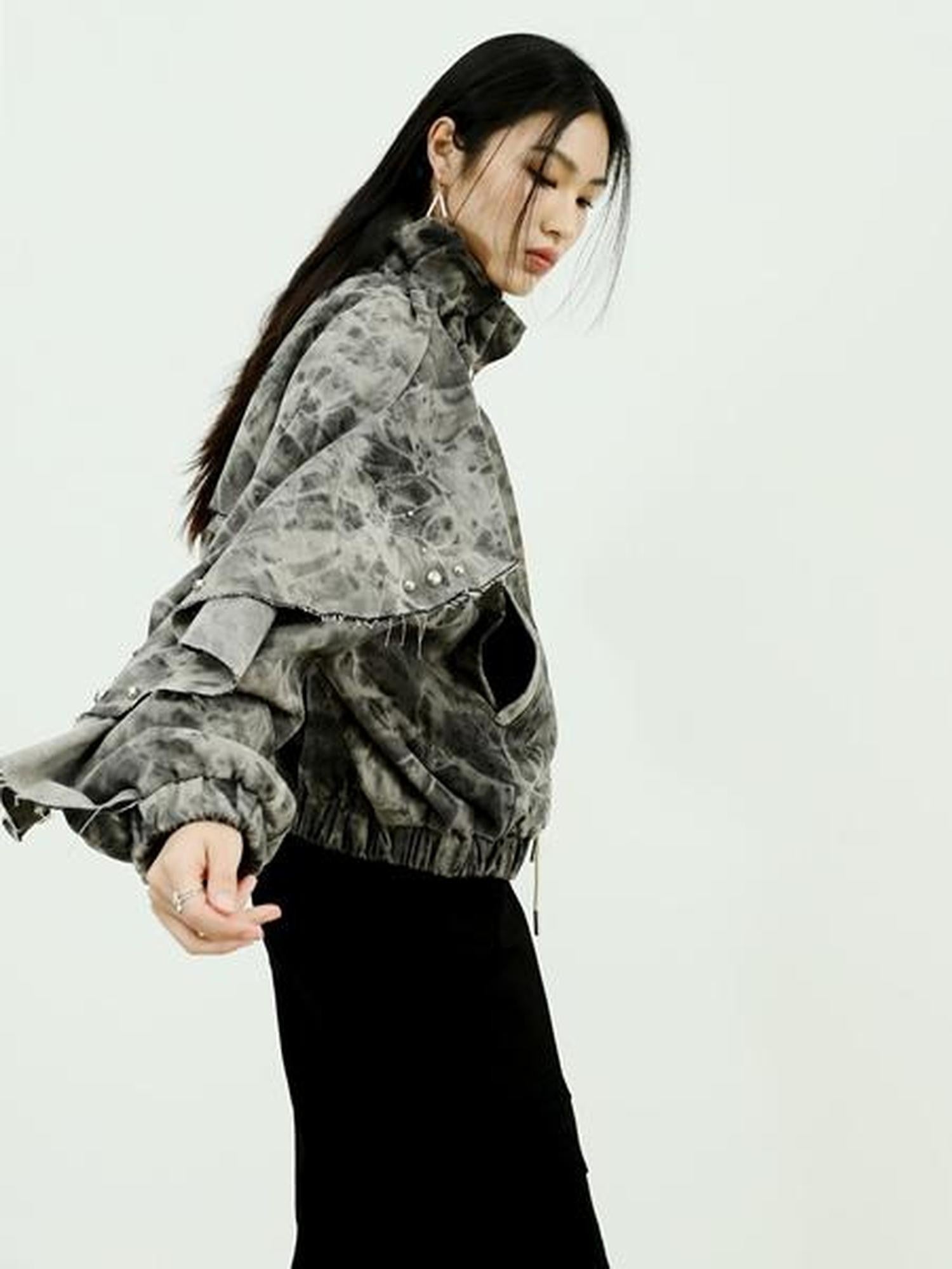 Jnylon studios Tie Dye Rivet Distressed Ruffle Raglan Sleeves Women's Denim Jackets