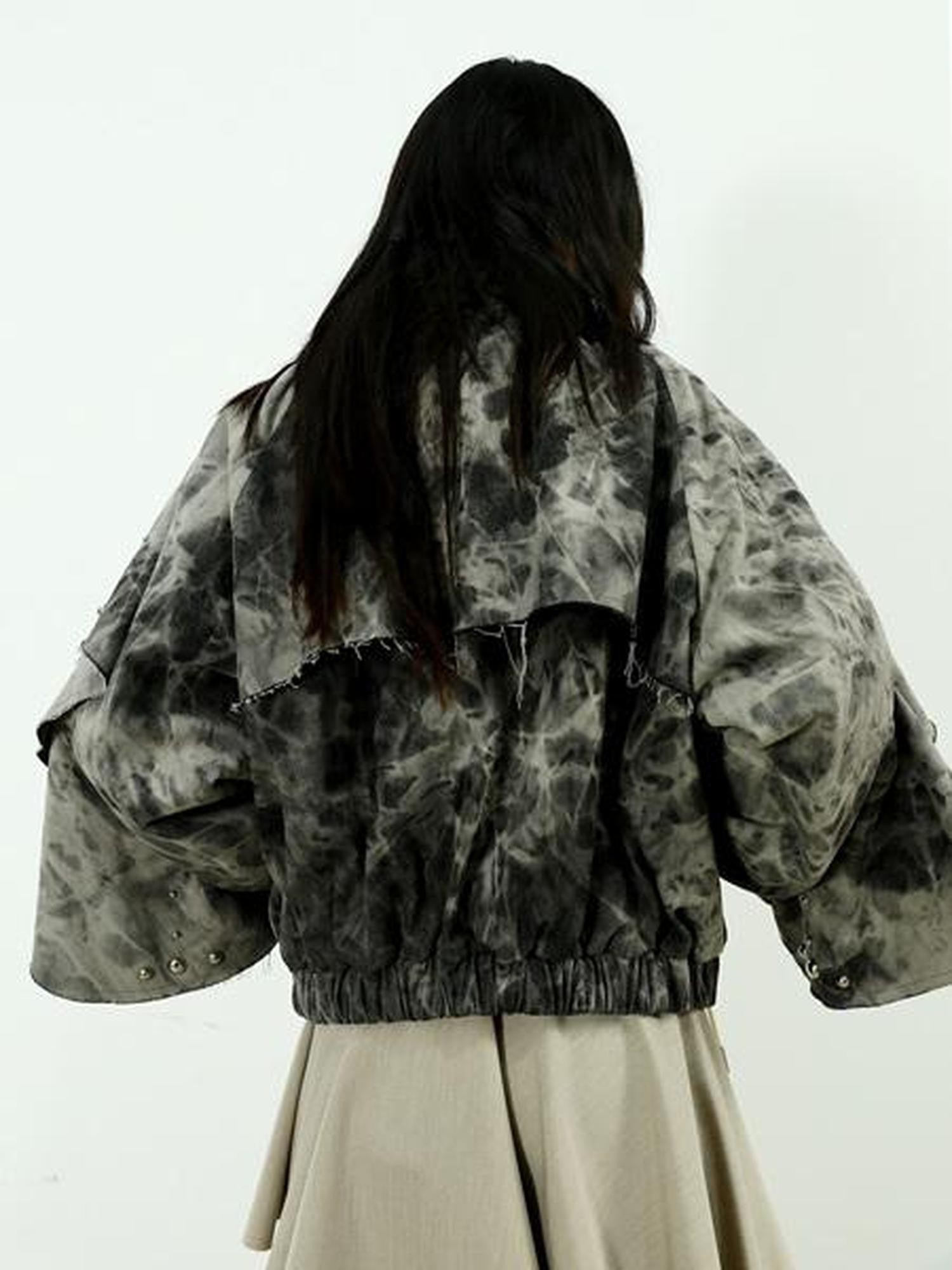 Jnylon studios Tie Dye Rivet Distressed Ruffle Raglan Sleeves Women's Denim Jackets