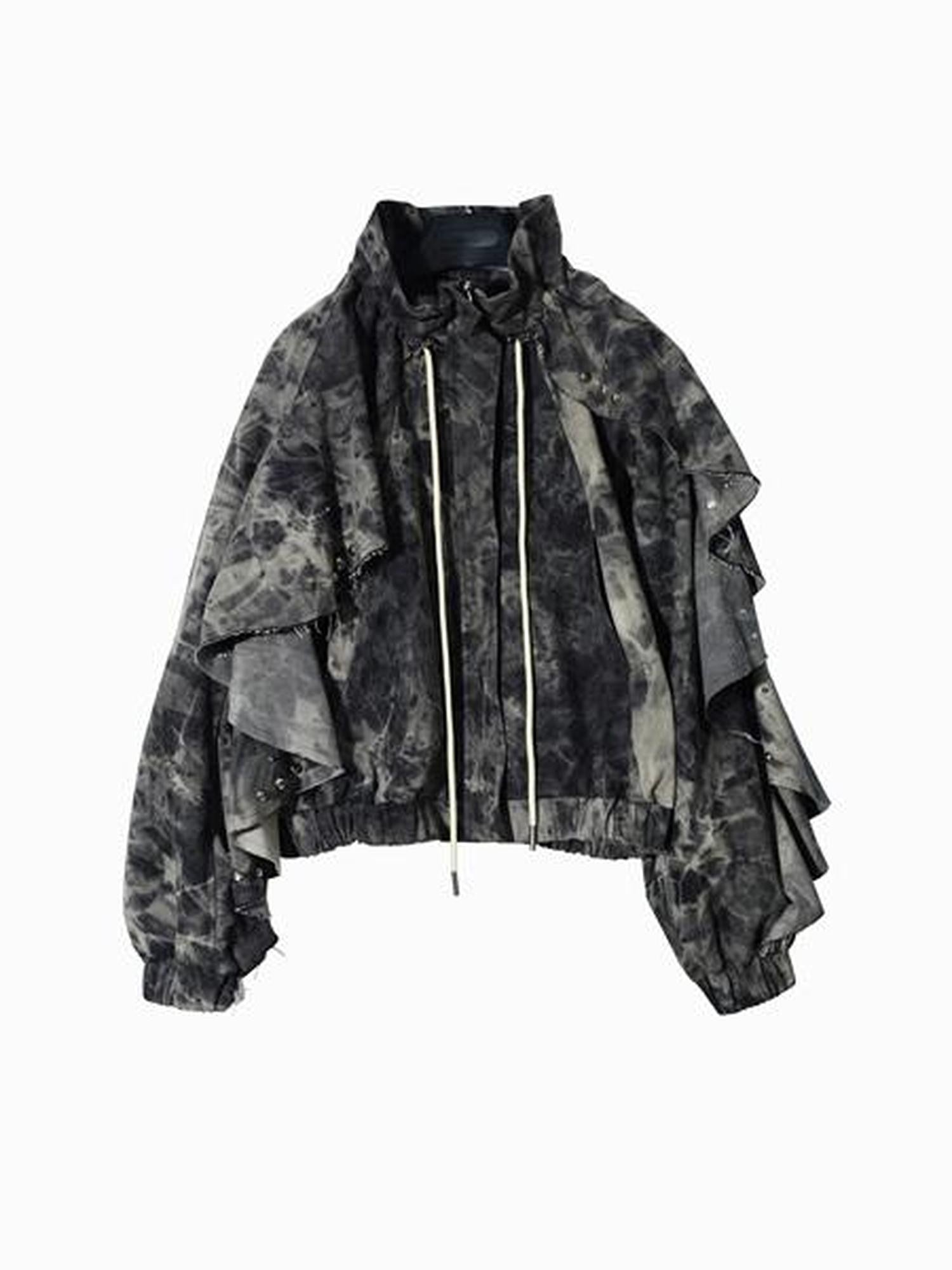 Jnylon studios Tie Dye Rivet Distressed Ruffle Raglan Sleeves Women's Denim Jackets