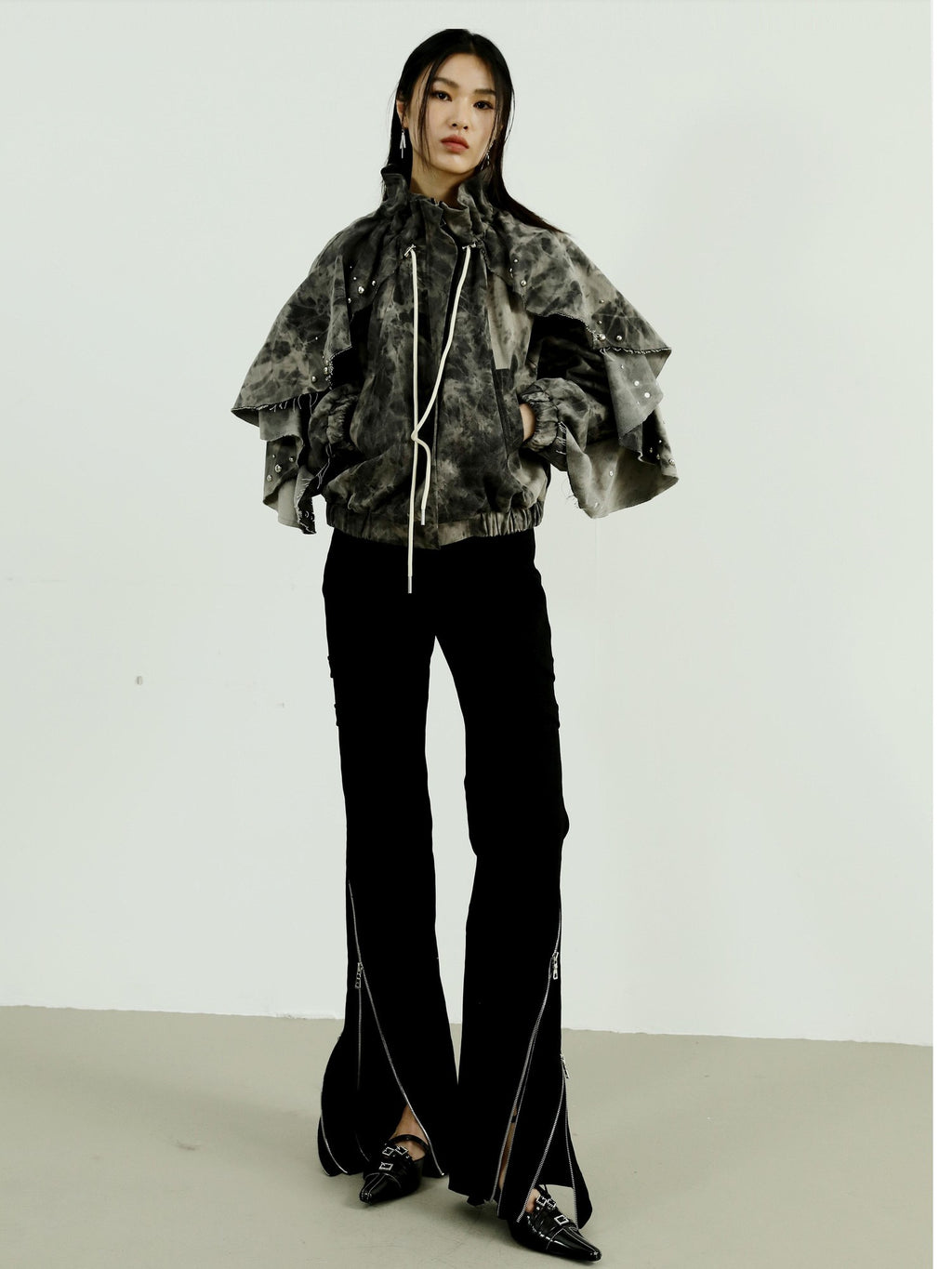 Jnylon studios Tie Dye Rivet Distressed Ruffle Raglan Sleeves Women's Denim Jackets
