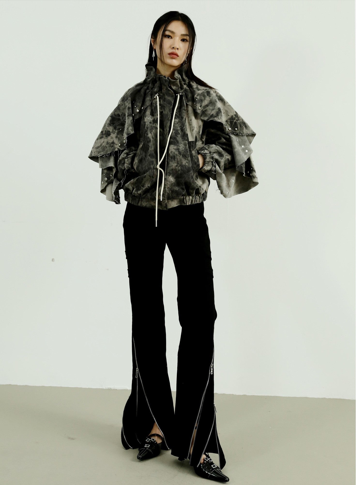 Jnylon studios Tie Dye Rivet Distressed Ruffle Raglan Sleeves Women's Denim Jackets