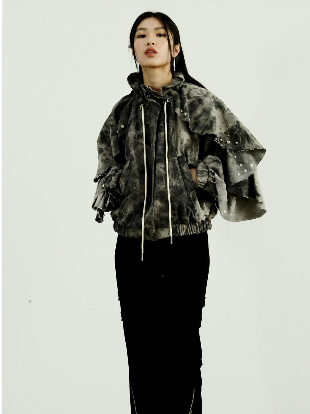 Jnylon studios Tie Dye Rivet Distressed Ruffle Raglan Sleeves Women's Denim Jackets