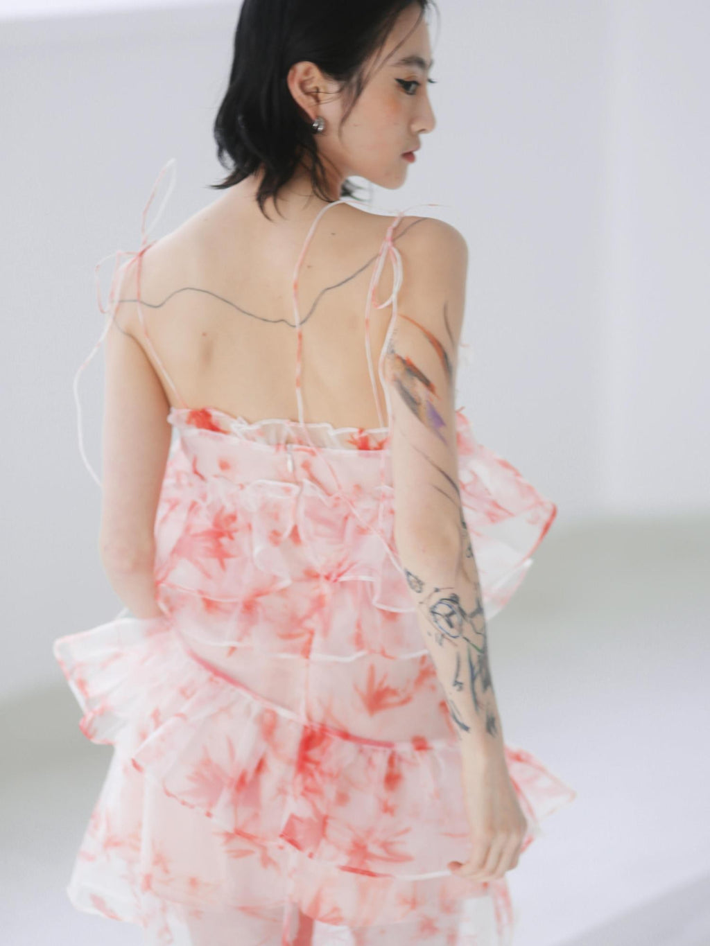 Jnylon studios Trout Red Bamboo Print Asymmetric Ruffle Featherlight Women's Slip Midi Dresses