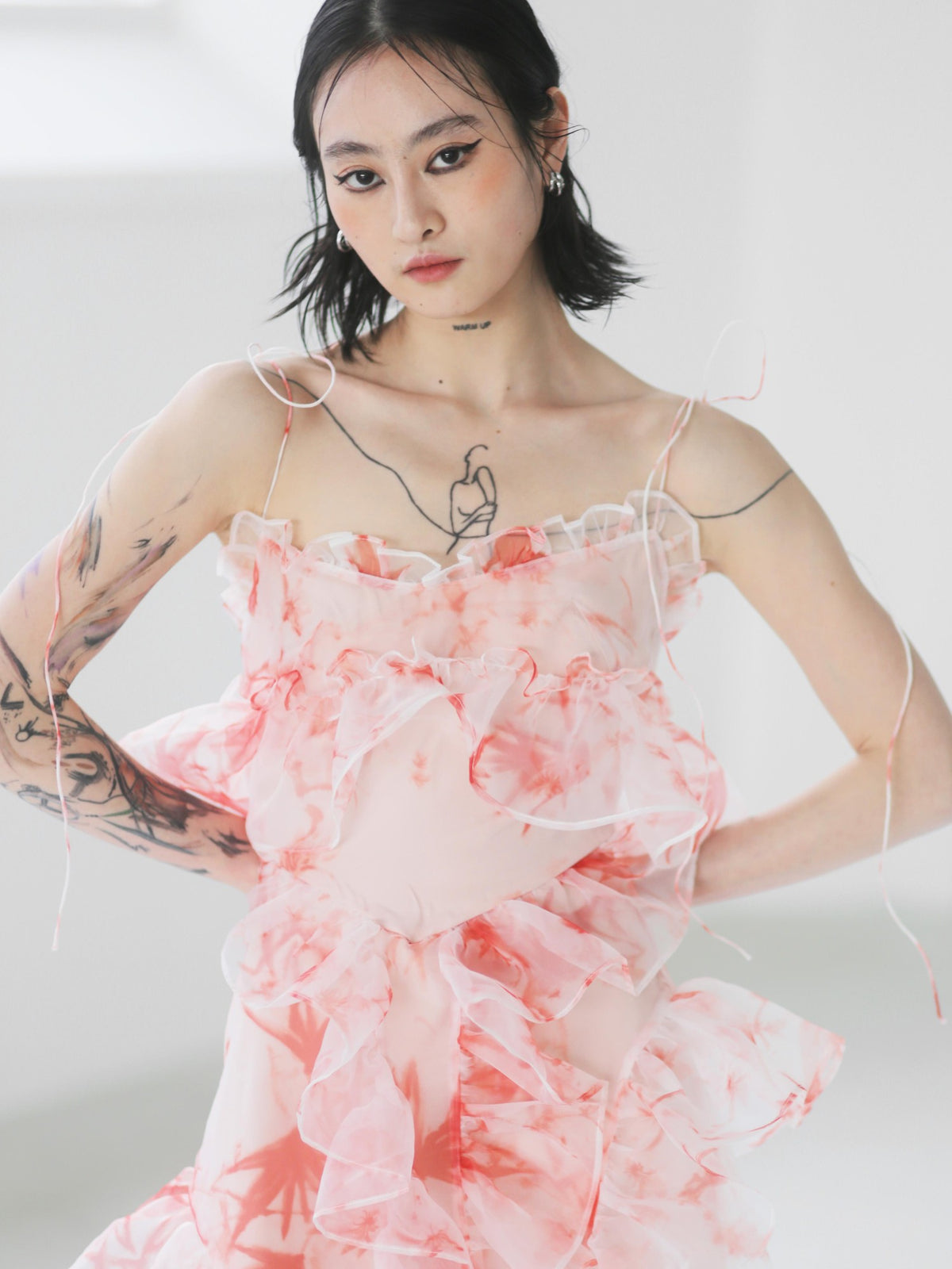 Jnylon studios Trout Red Bamboo Print Asymmetric Ruffle Featherlight Women's Slip Midi Dresses