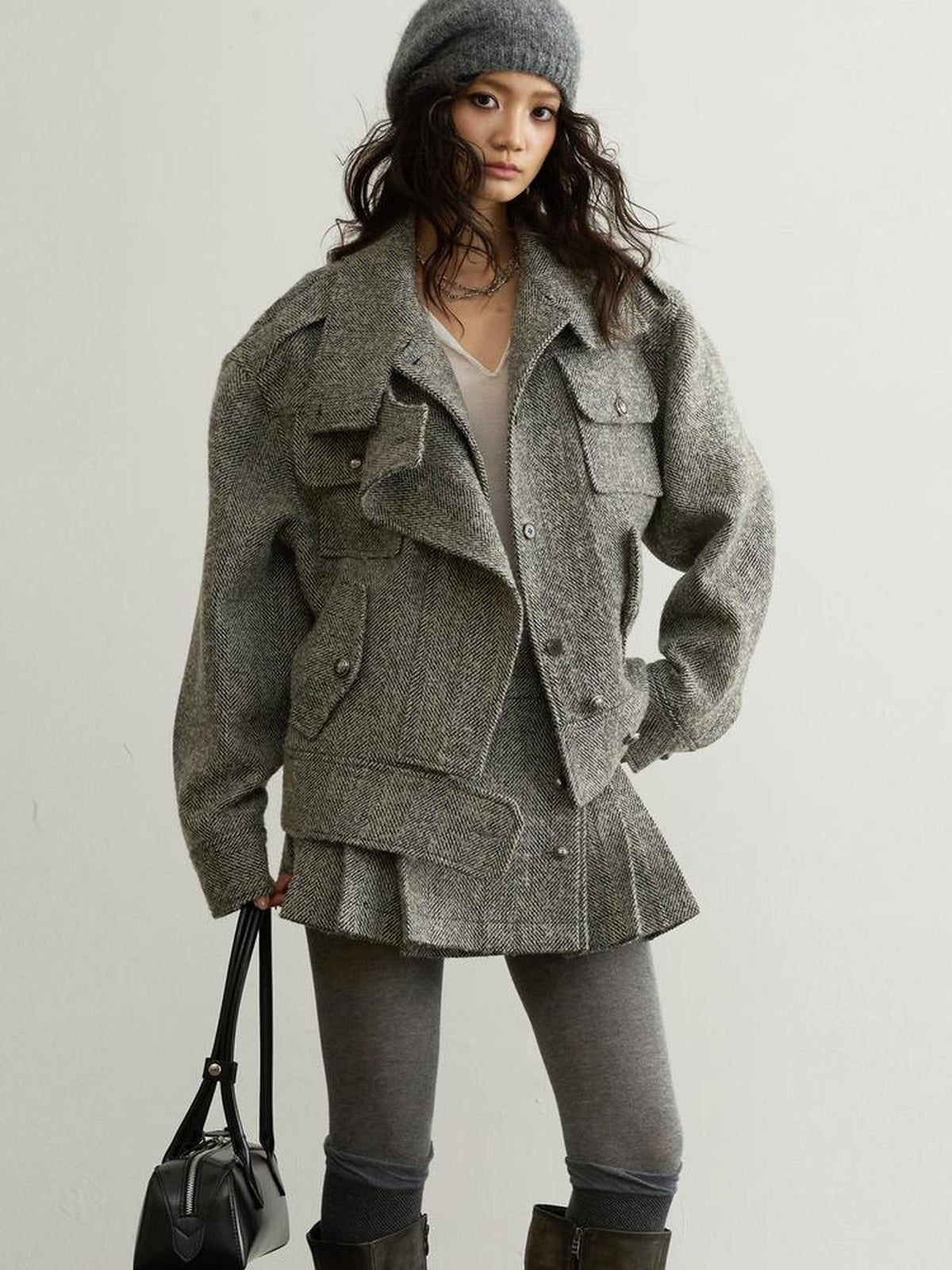 Jnylon studios Utility Herringbone Wool Blend Short Women's Casual Jackets
