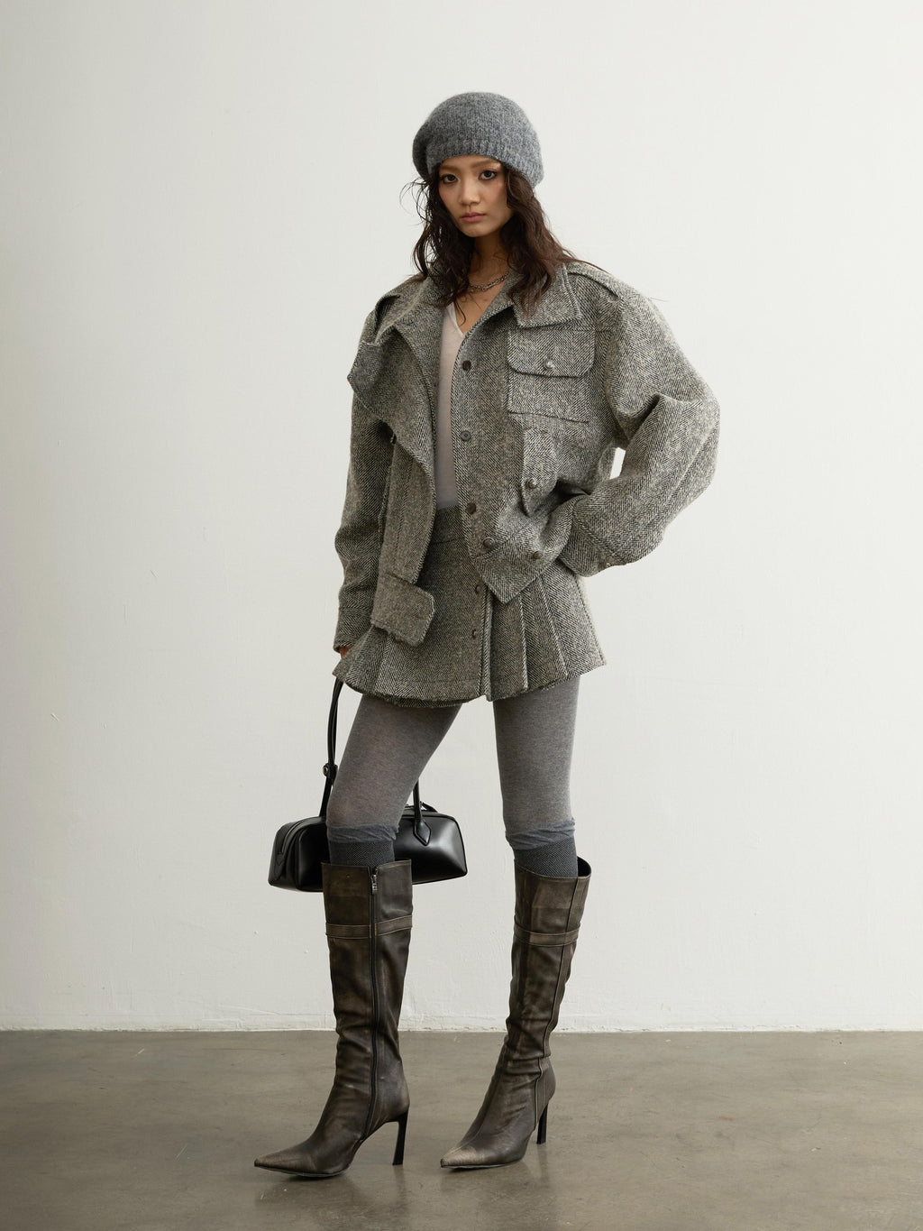 Jnylon studios Utility Herringbone Wool Blend Short Women's Casual Jackets