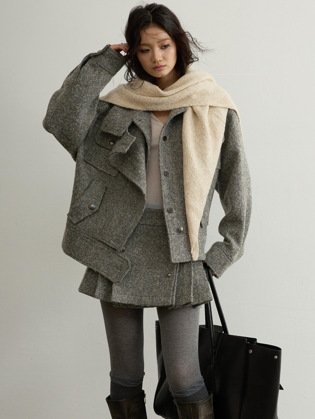 Jnylon studios Utility Herringbone Wool Blend Short Women's Casual Jackets