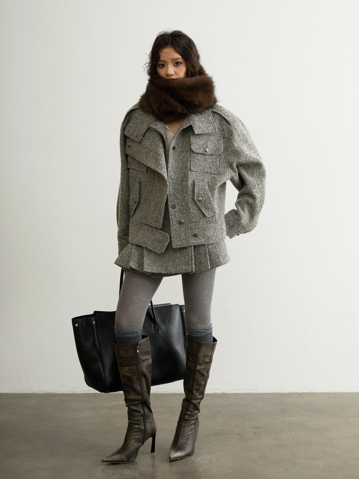 Jnylon studios Utility Herringbone Wool Blend Short Women's Casual Jackets
