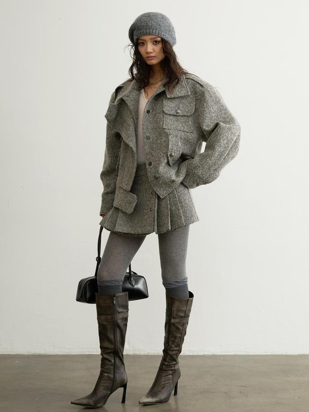 Jnylon studios Utility Herringbone Wool Blend Short Women's Casual Jackets