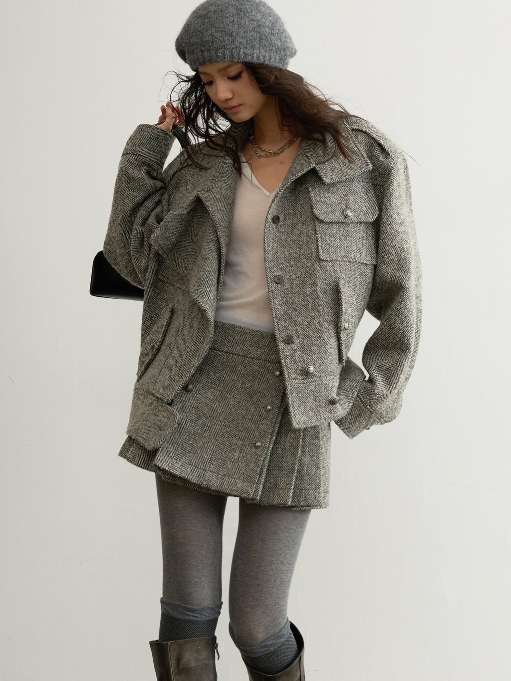 Jnylon studios Utility Herringbone Wool Blend Short Women's Casual Jackets