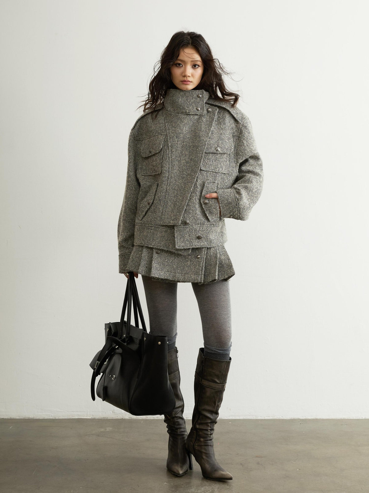 Jnylon studios Utility Herringbone Wool Blend Short Women's Casual Jackets