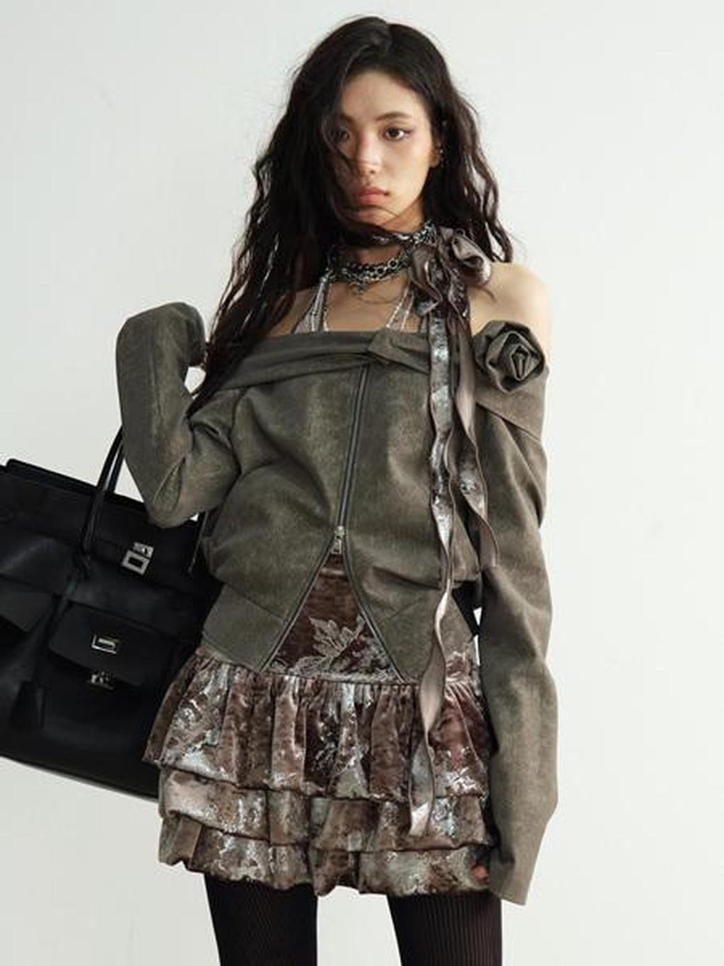 Jnylon studios Vintage Brown 3d Floral Off Shoulder Women's Other Materials Cropped Jackets
