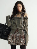 Jnylon studios Vintage Brown 3d Floral Off Shoulder Women's Other Materials Cropped Jackets