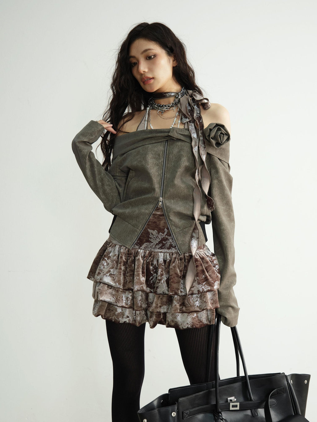 Jnylon studios Vintage Brown 3d Floral Off Shoulder Women's Other Materials Cropped Jackets