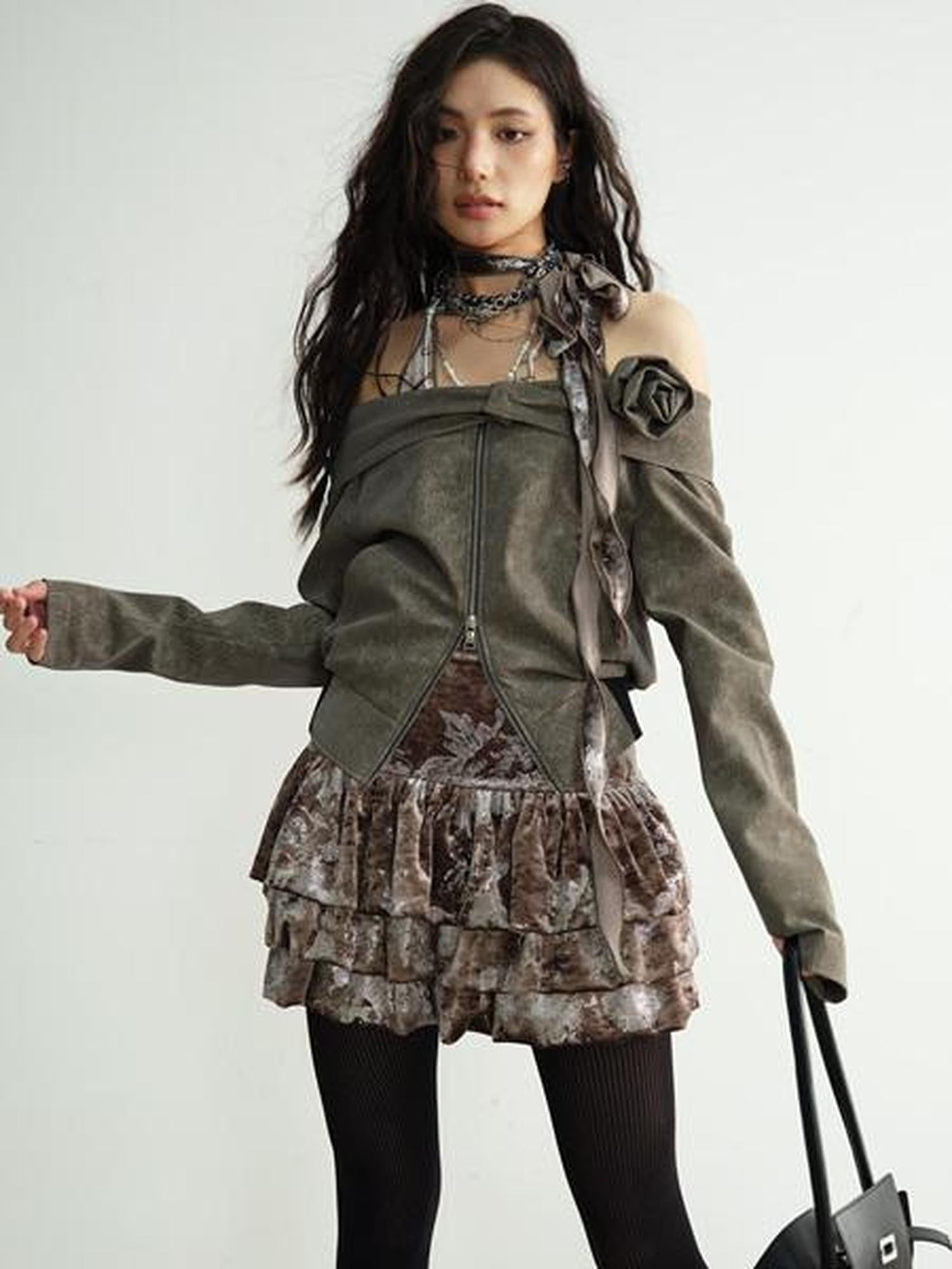 Jnylon studios Vintage Brown 3d Floral Off Shoulder Women's Other Materials Cropped Jackets