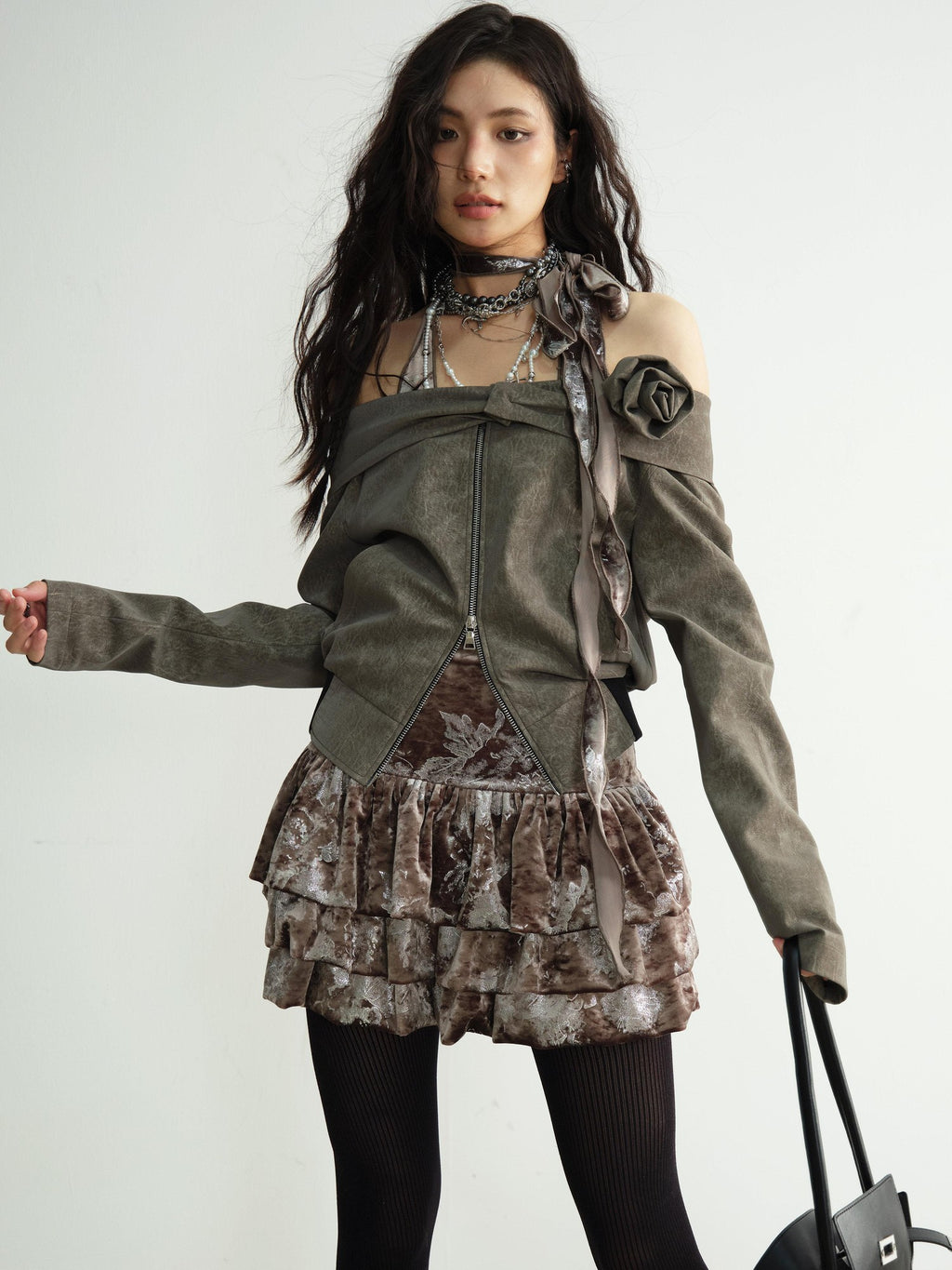 Jnylon studios Vintage Brown 3d Floral Off Shoulder Women's Other Materials Cropped Jackets