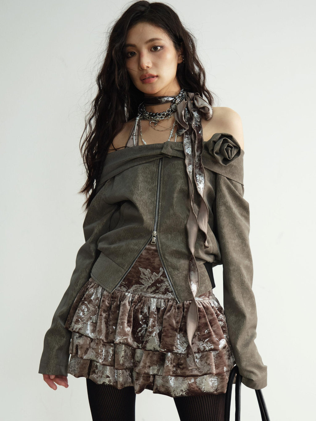 Jnylon studios Vintage Brown 3d Floral Off Shoulder Women's Other Materials Cropped Jackets