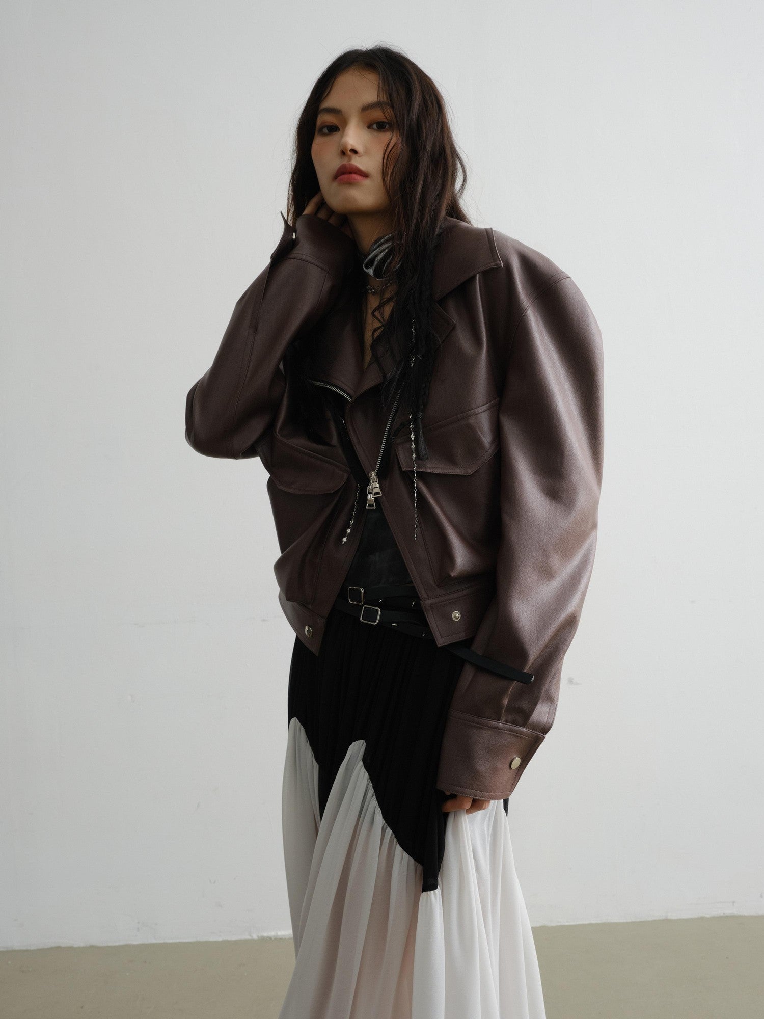 Jnylon studios Vintage Caramel Loose Lapel Zipper Pocket Women's Faux Leather Jackets