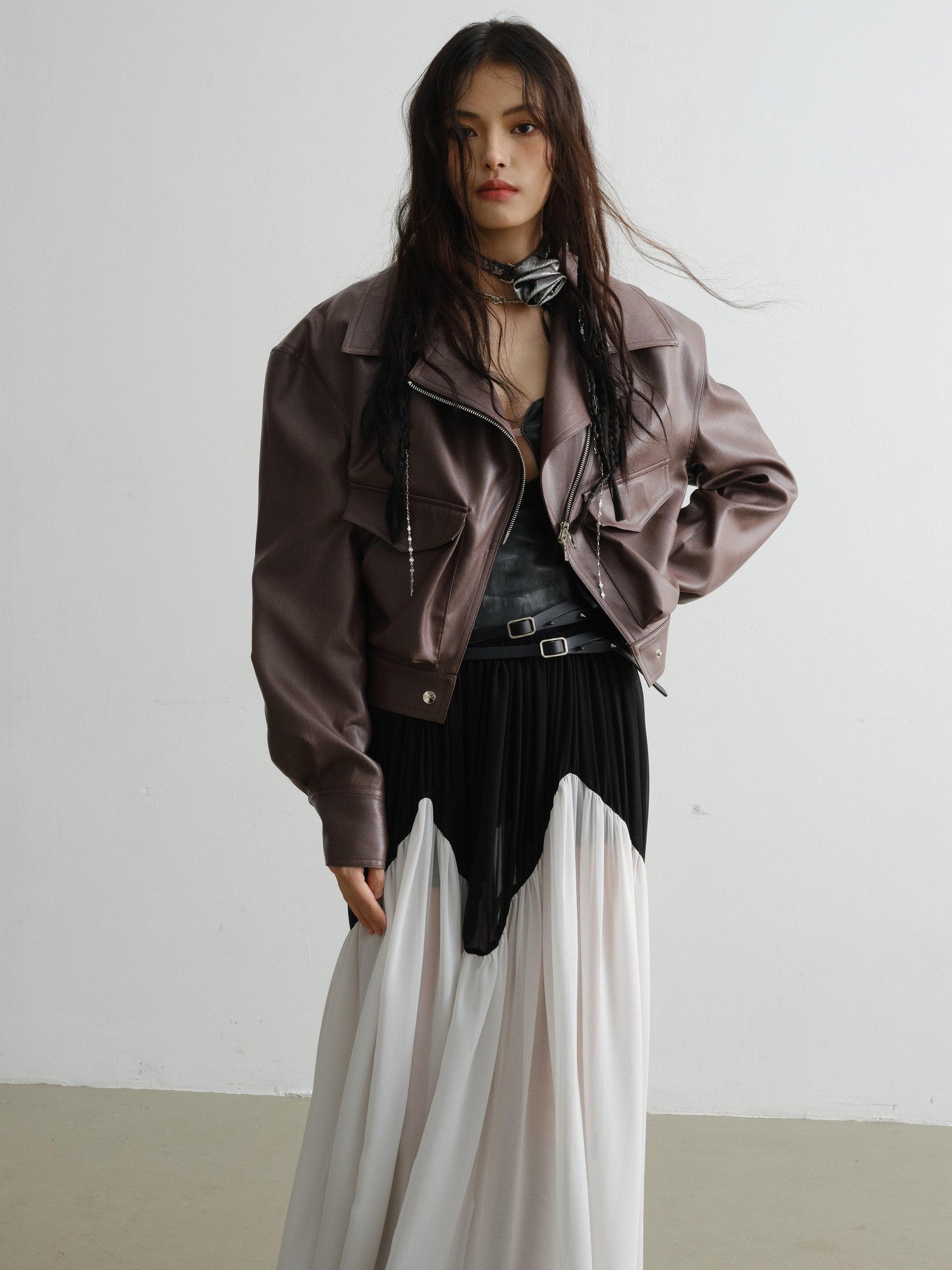 Jnylon studios Vintage Caramel Loose Lapel Zipper Pocket Women's Faux Leather Jackets