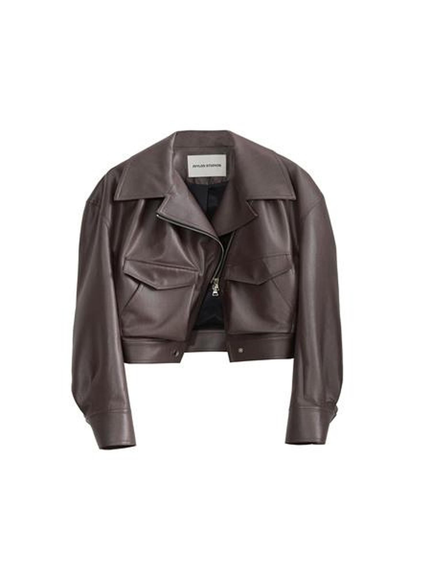 Jnylon studios Vintage Caramel Loose Lapel Zipper Pocket Women's Faux Leather Jackets