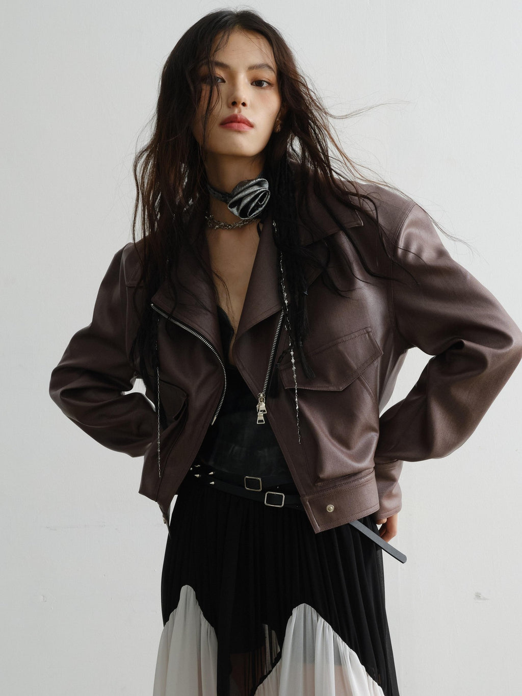 Jnylon studios Vintage Caramel Loose Lapel Zipper Pocket Women's Faux Leather Jackets