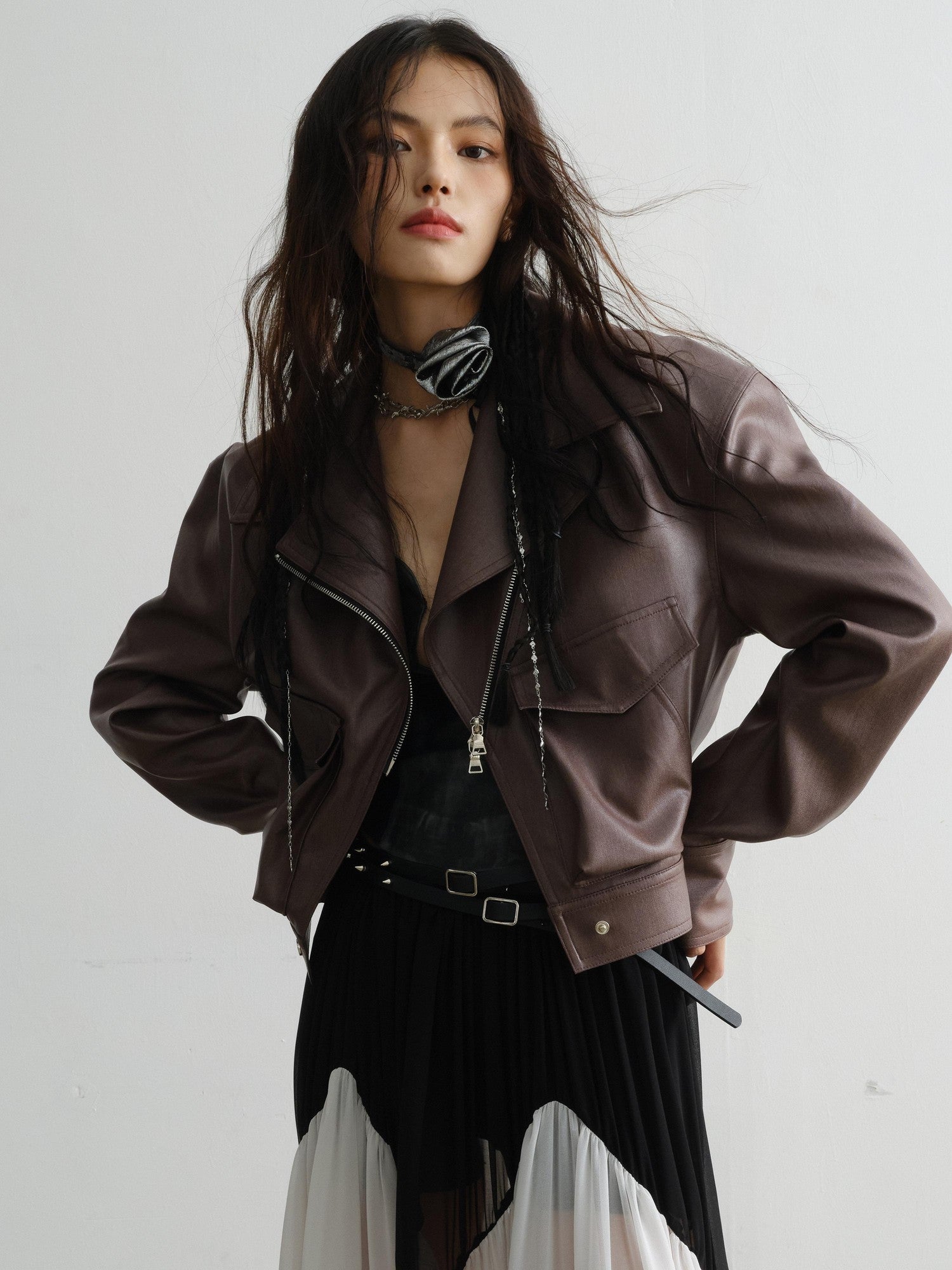 Jnylon studios Vintage Caramel Loose Lapel Zipper Pocket Women's Faux Leather Jackets