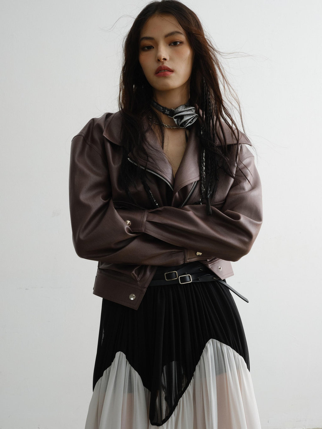 Jnylon studios Vintage Caramel Loose Lapel Zipper Pocket Women's Faux Leather Jackets