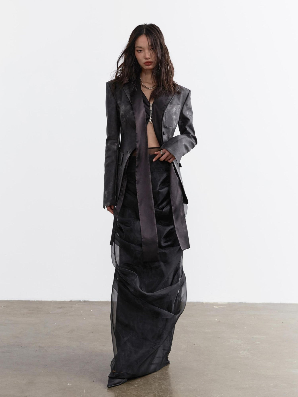 Jnylon studios Vintage Dark Pleated Sheer Two Piece A Line Women's Polyester Maxi Skirts
