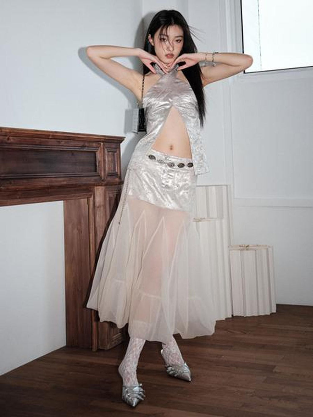 Jnylon studios Vintage Gilded Rhinestone Organza Spliced Puffy Women's Polyester Midi Skirts
