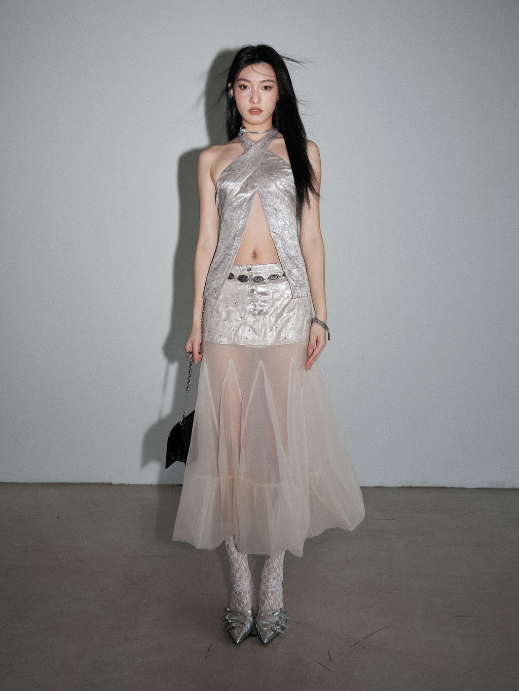 Jnylon studios Vintage Gilded Rhinestone Organza Spliced Puffy Women's Polyester Midi Skirts