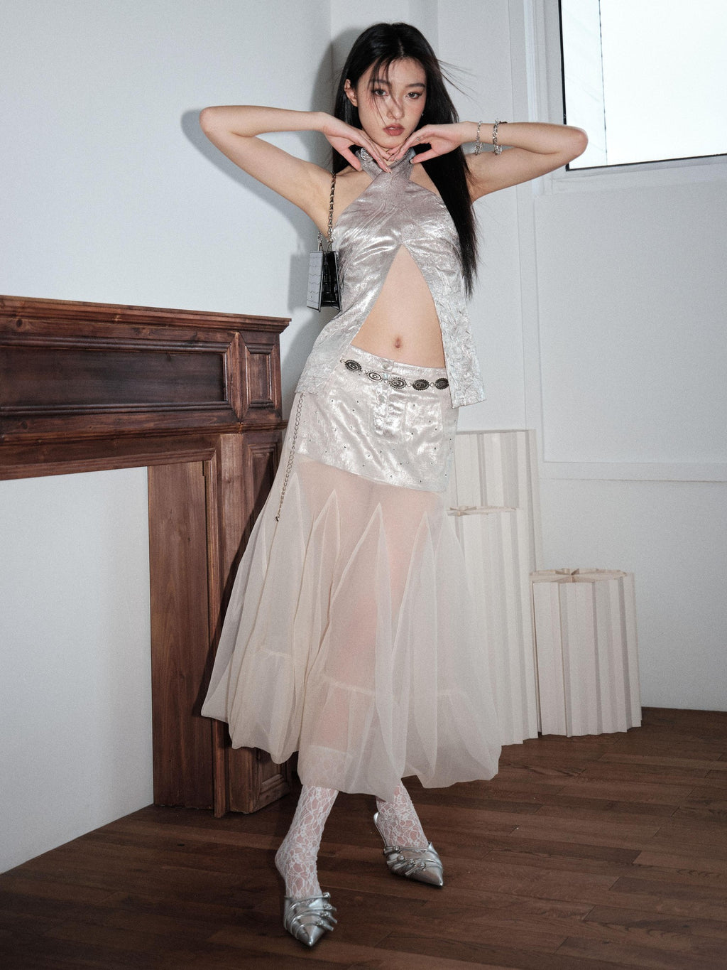 Jnylon studios Vintage Gilded Rhinestone Organza Spliced Puffy Women's Polyester Midi Skirts