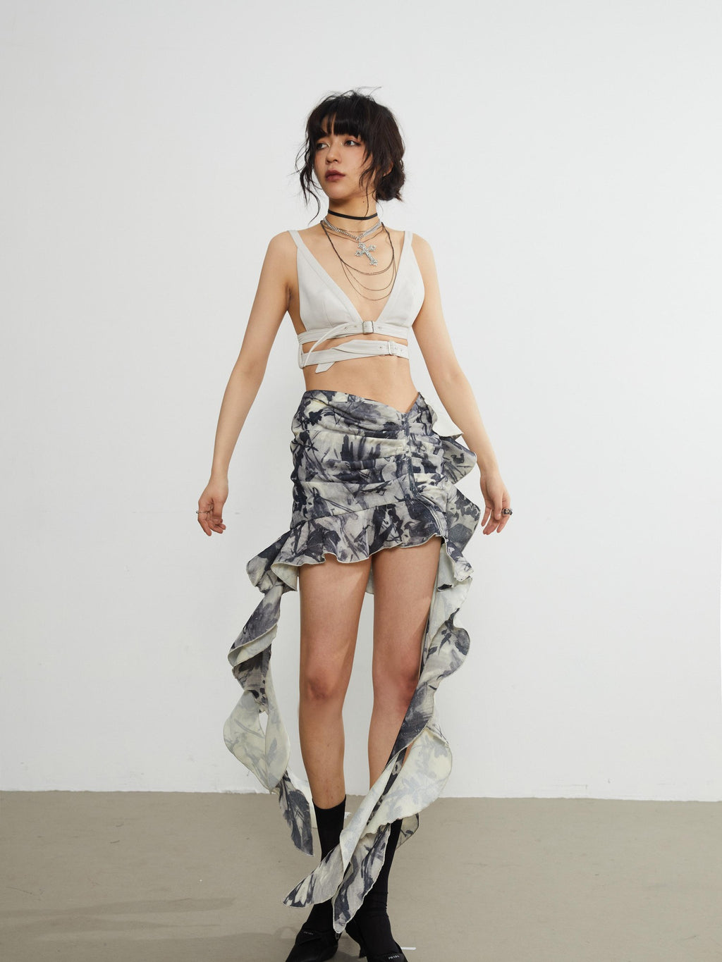 Jnylon studios Vintage Gothic Pleated Ruffled Lotus Edge Women's Gray Green Mini Skirts