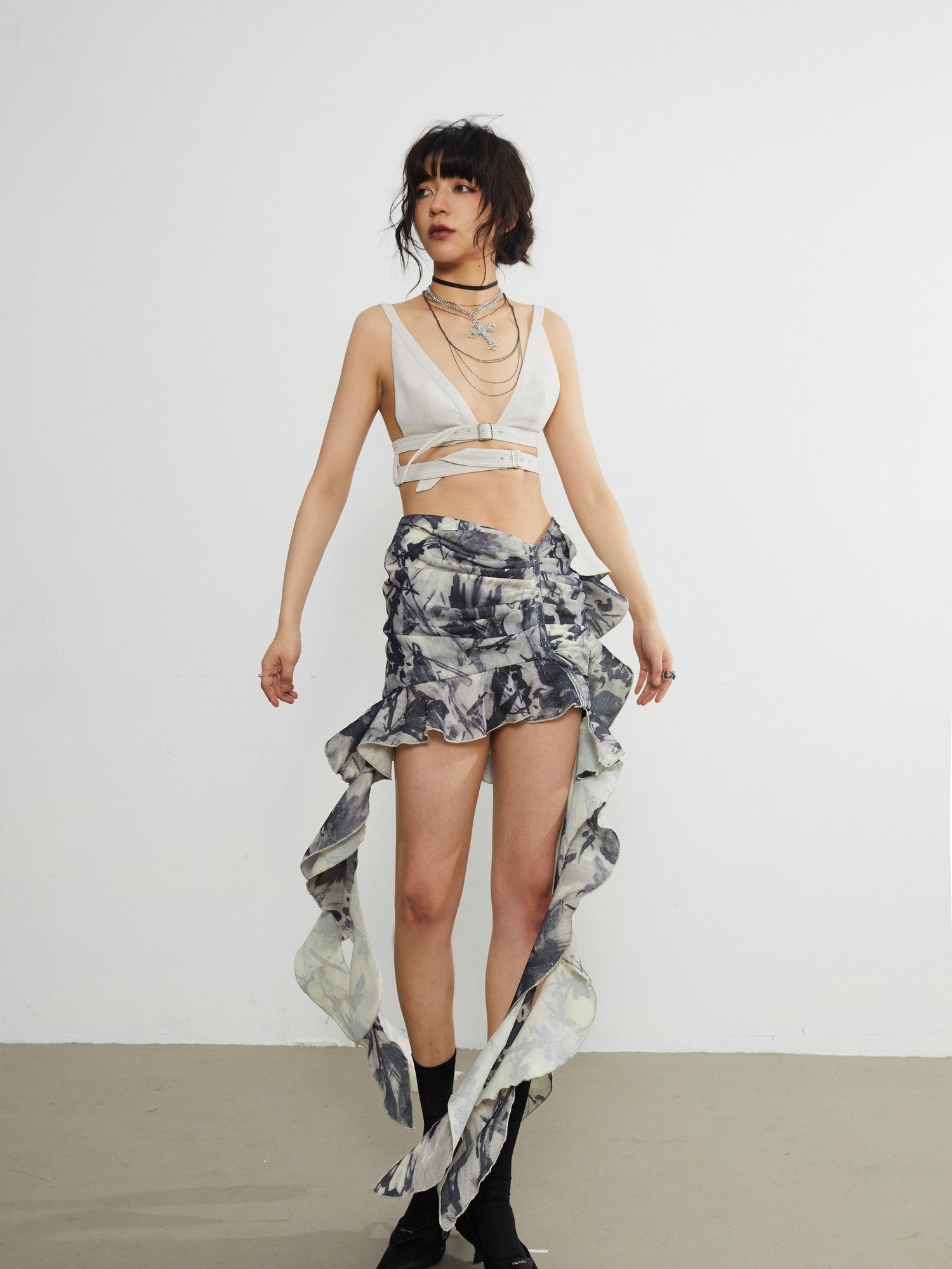 Jnylon studios Vintage Gothic Pleated Ruffled Lotus Edge Women's Gray Green Mini Skirts