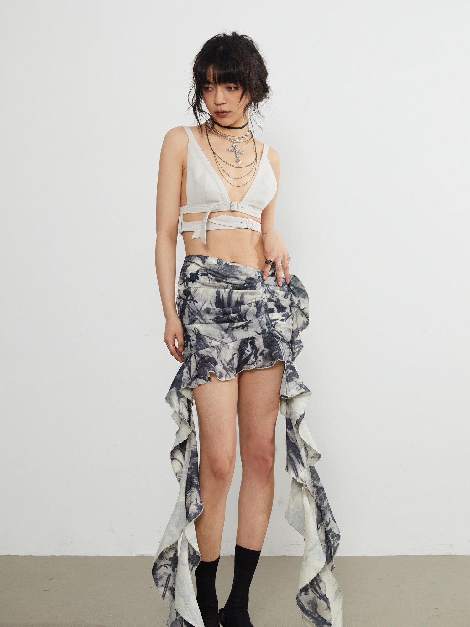Jnylon studios Vintage Gothic Pleated Ruffled Lotus Edge Women's Gray Green Mini Skirts
