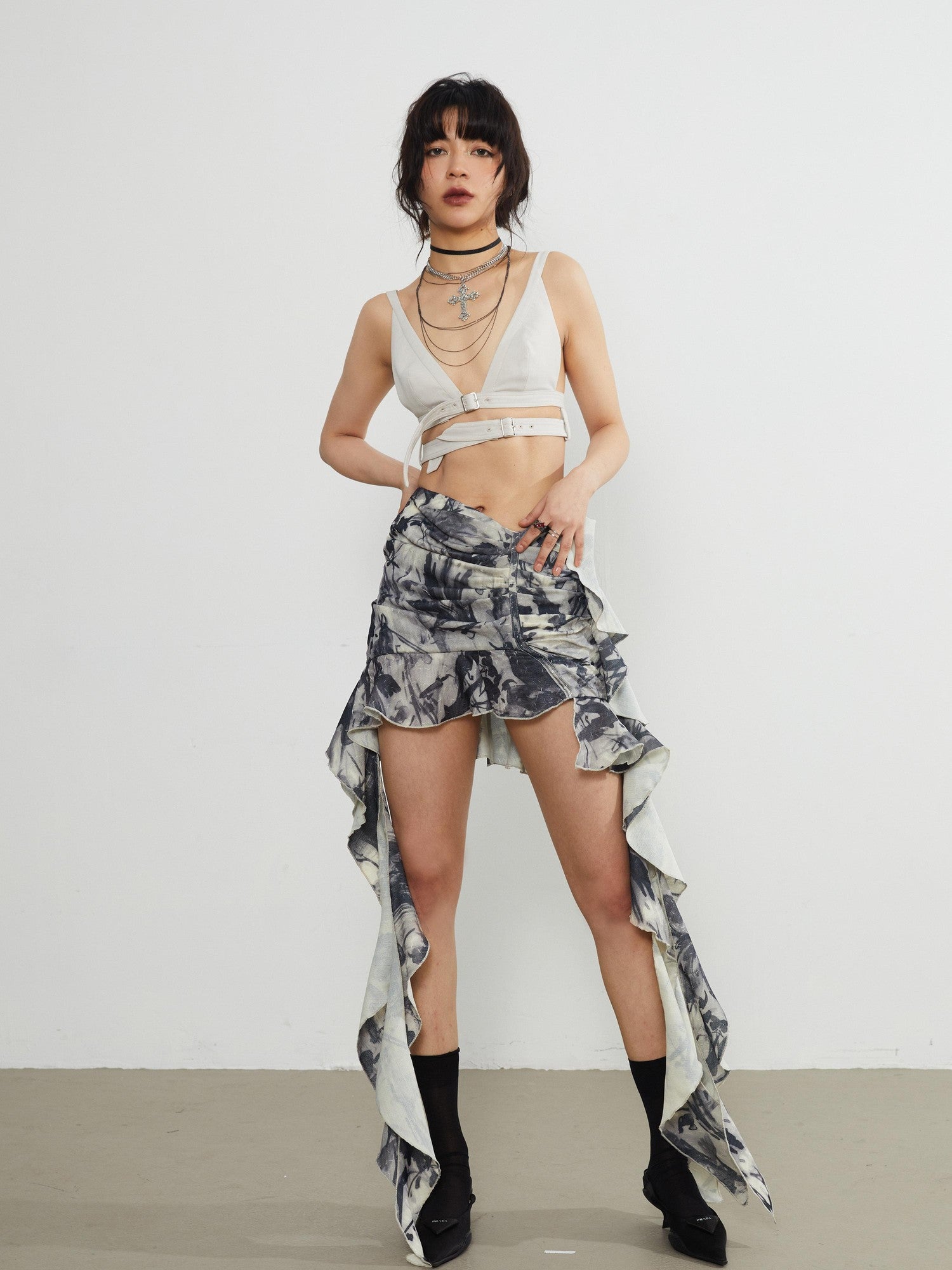Jnylon studios Vintage Gothic Pleated Ruffled Lotus Edge Women's Gray Green Mini Skirts