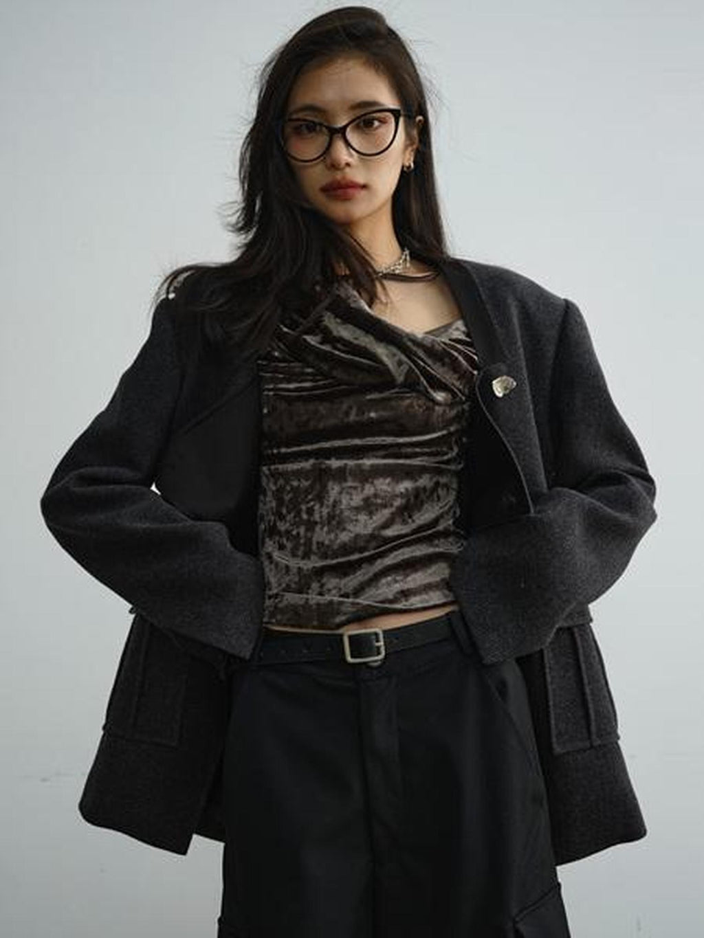 Jnylon studios Vintage Pleated Draped Off Shoulder Women's Velvet Sheen Long Sleeve T-shirts