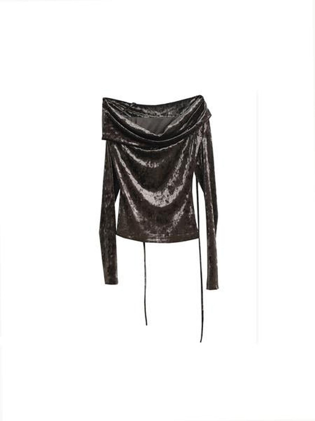 Jnylon studios Vintage Pleated Draped Off Shoulder Women's Velvet Sheen Long Sleeve T-shirts