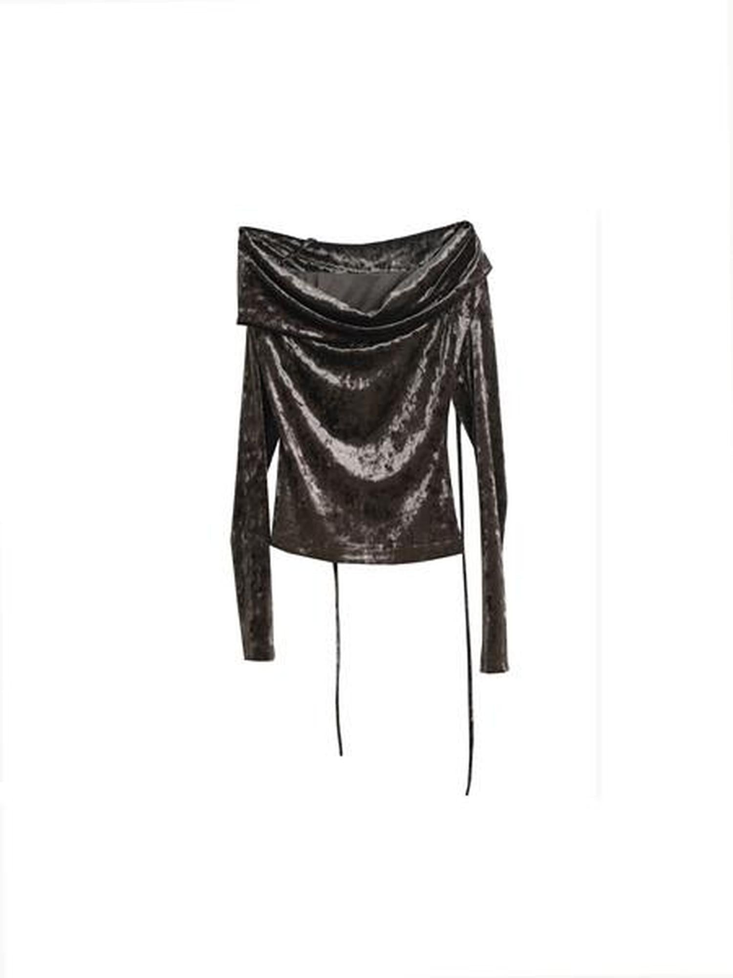 Jnylon studios Vintage Pleated Draped Off Shoulder Women's Velvet Sheen Long Sleeve T-shirts