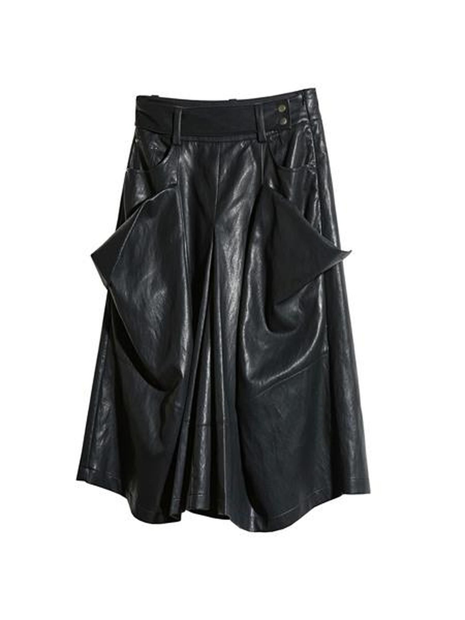 Jnylon studios Vintage Romantic Pleated 3d Pockets Women's Faux Leather Wide-leg Pants