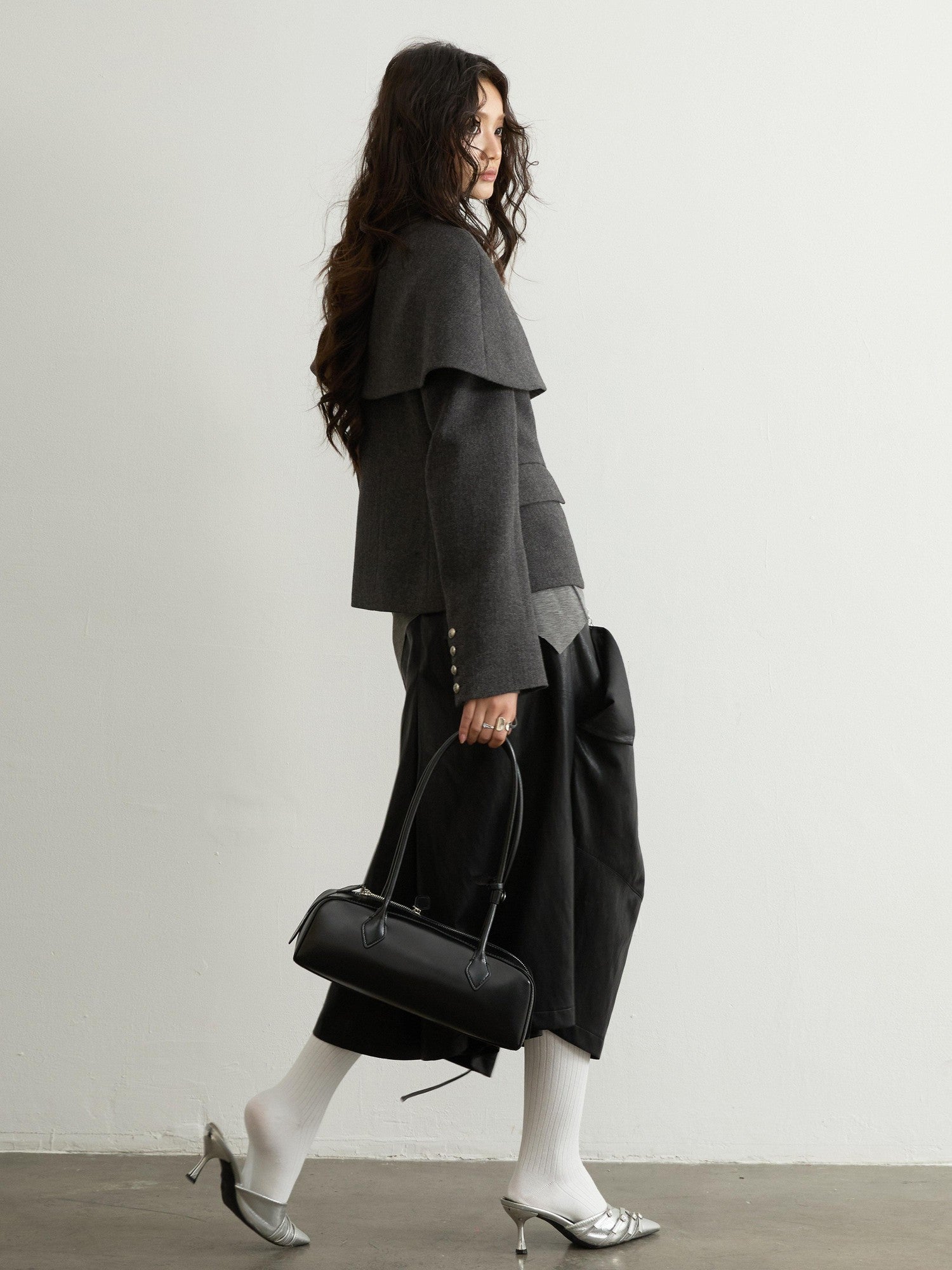 Jnylon studios Vintage Romantic Pleated 3d Pockets Women's Faux Leather Wide-leg Pants