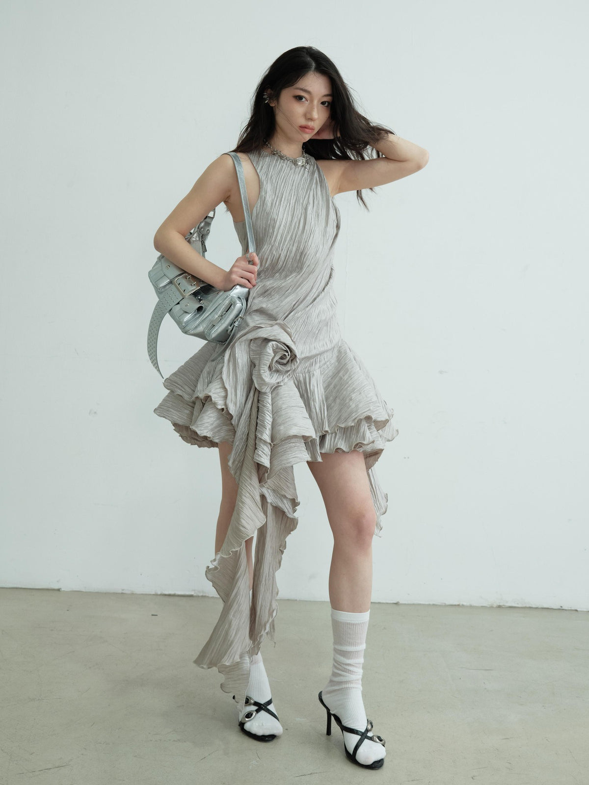 Jnylon studios Vintage Sculpted 3d Floral Textured Ruffle Sleeveless Women's Casual Midi Dresses